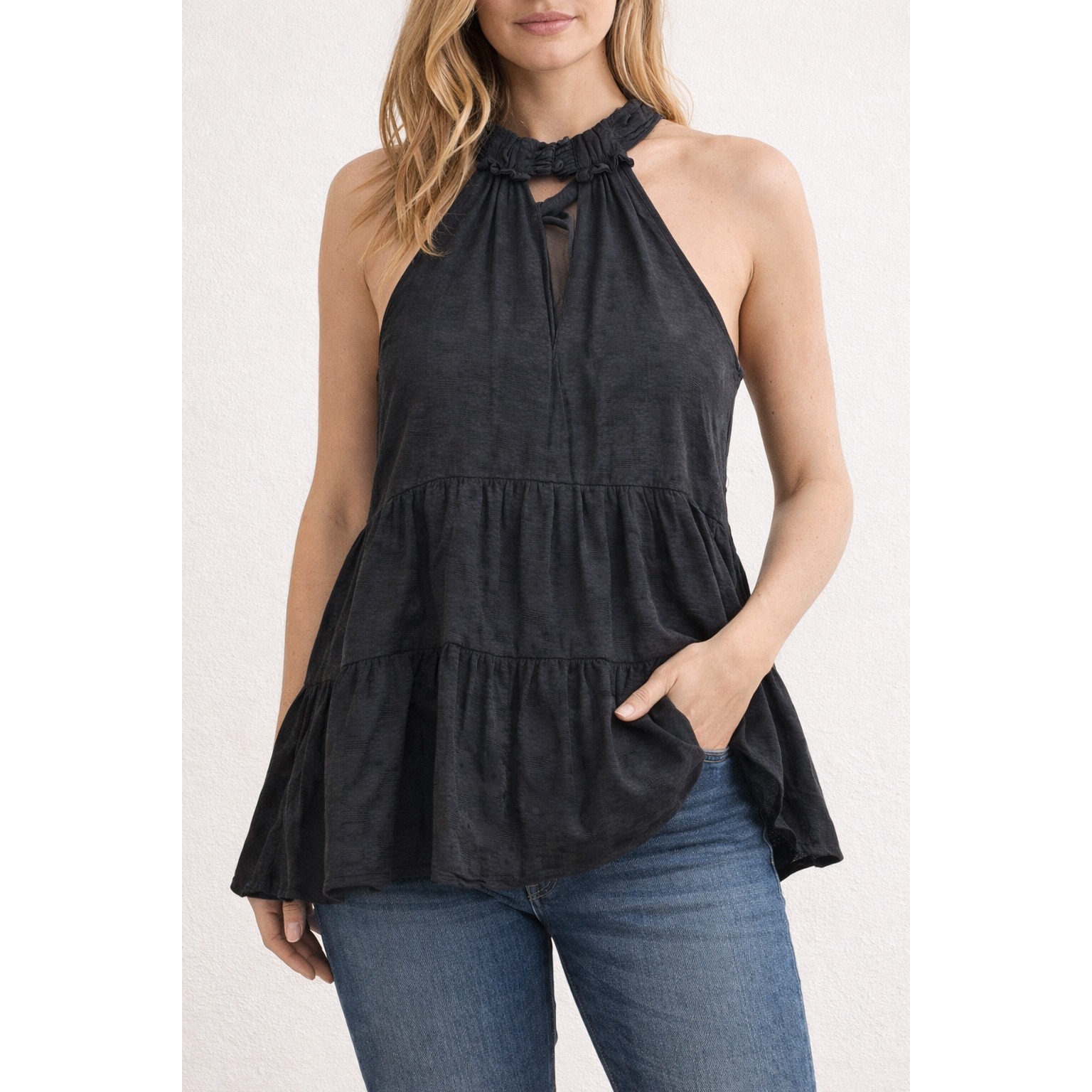 Anthropologie Black Halter Tiered Textured Babydoll Top Womens Xs